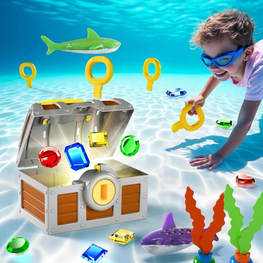 iPlay Large Treasure Chest Pool Dive Toy for Kids - Underwater Treasure Hunt Game with Keys, Gems & Fish - Fun Outdoor Swimming Playset for Boys & Girls Ages 3-12 - Perfect Summer Swim Party Gift