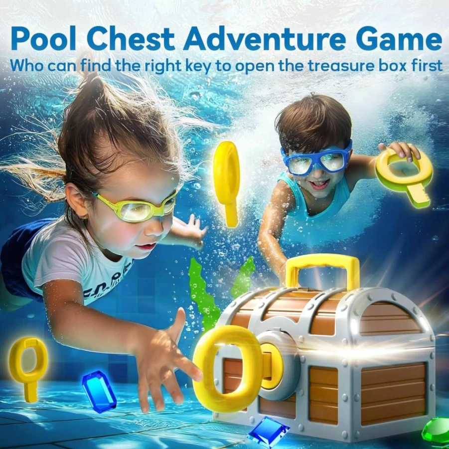 iPlay Large Treasure Chest Pool Dive Toy for Kids - Underwater Treasure Hunt Game with Keys, Gems & Fish - Fun Outdoor Swimming Playset for Boys & Girls Ages 3-12 - Perfect Summer Swim Party Gift