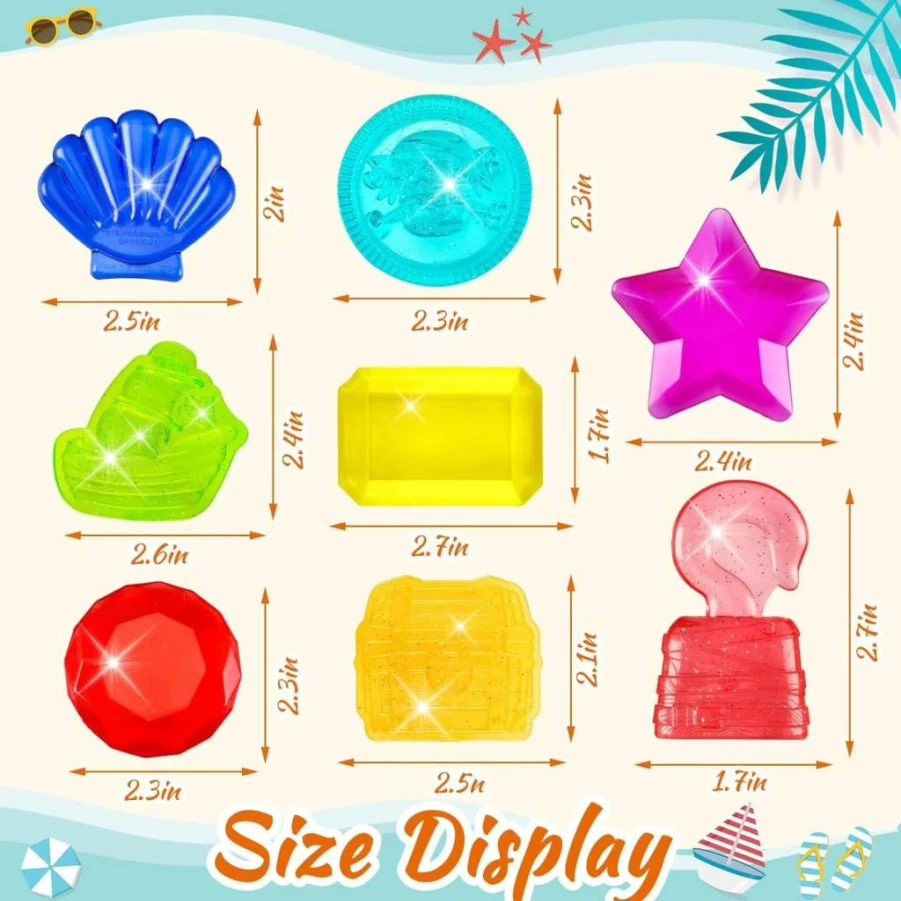 JULBEAR Pirate Treasure Sinking Gems - 8 Pcs Colorful Diving Pool Toys for Kids, Underwater Swimming Training & Bath Games, Summer Water Fun