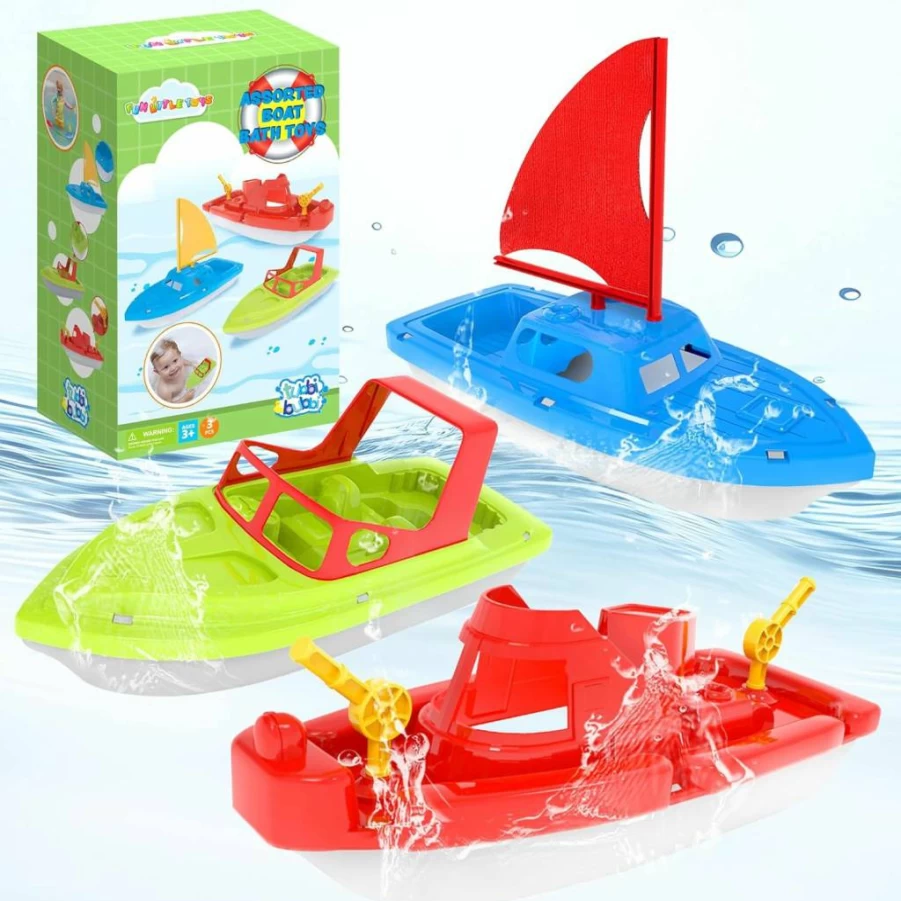 FUN LITTLE TOYS 3-Piece Toddler Boat Bath Toys Set - Colorful Plastic Floating Boats for Kids Ages 1-3, Pool & Water Play Sensory Toys for Baby Boys & Girls