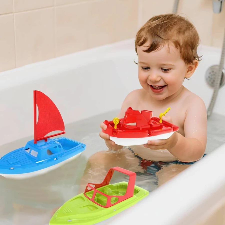 FUN LITTLE TOYS 3-Piece Toddler Boat Bath Toys Set - Colorful Plastic Floating Boats for Kids Ages 1-3, Pool & Water Play Sensory Toys for Baby Boys & Girls