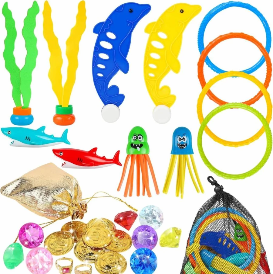 Meaicezli 32Pcs Kids Pool Toys Set - Shark Torpedo, Dive Rings, Gems & Fish for Outdoor Swimming Games, Water Dive Toys for Ages 4-8 with Storage Bag
