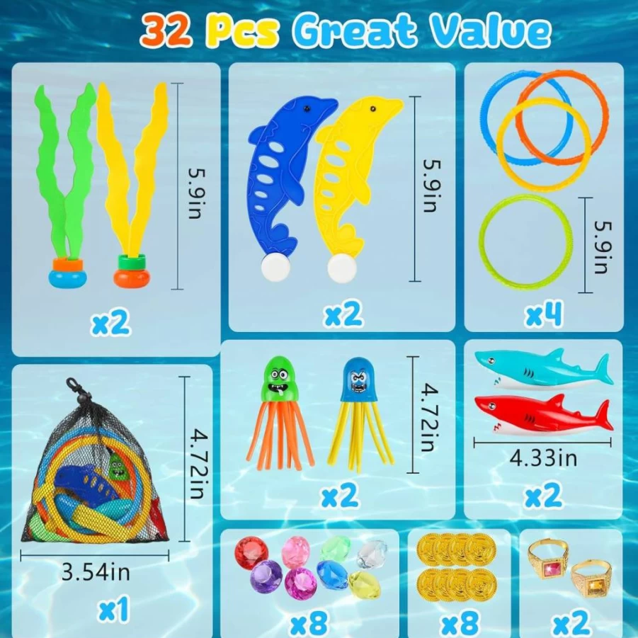 Meaicezli 32Pcs Kids Pool Toys Set - Shark Torpedo, Dive Rings, Gems & Fish for Outdoor Swimming Games, Water Dive Toys for Ages 4-8 with Storage Bag