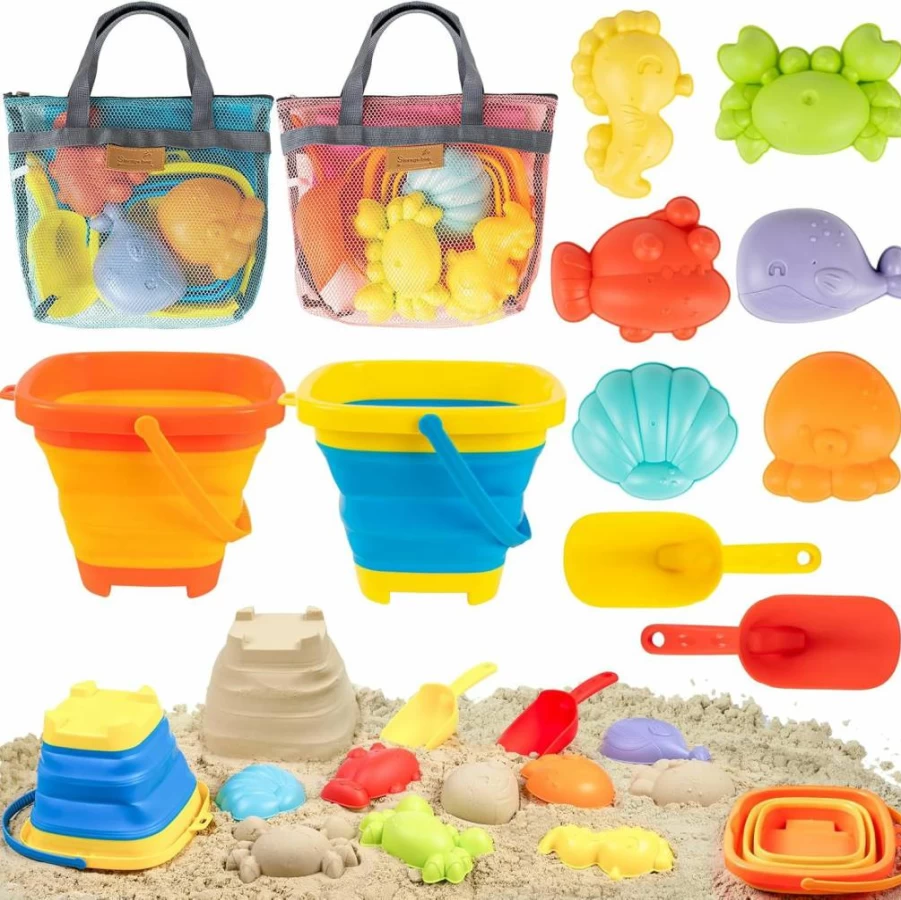 Wowlyntoy Beach Sand Toys Set for Kids - 2 Collapsible Buckets, Large Sand Molds, Shovels & Mesh Bags - Outdoor Toddler Toys for Ages 3-10 - Summer Travel & Sandbox Essentials