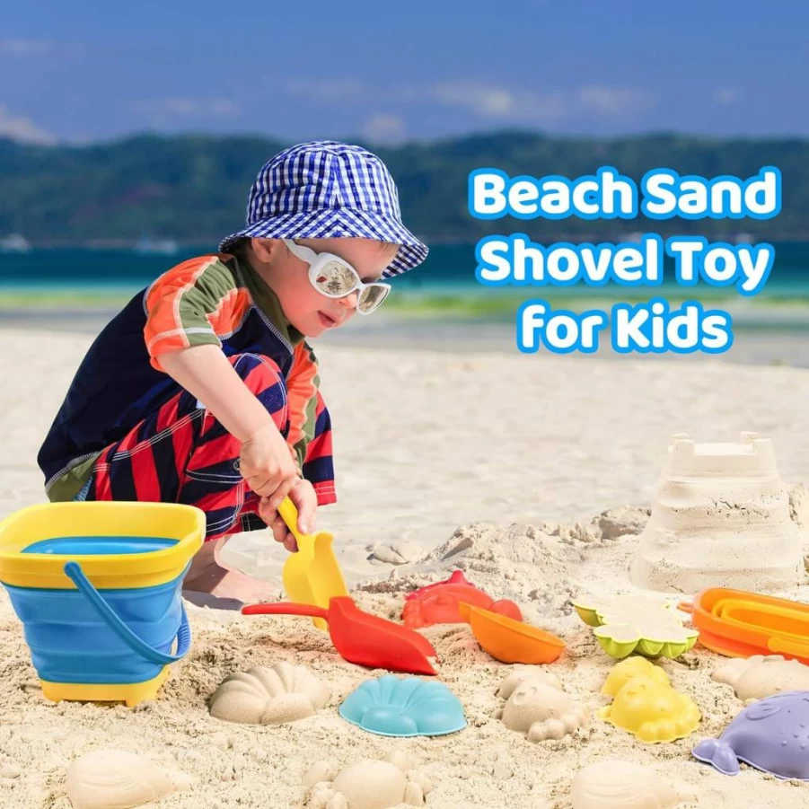 Wowlyntoy Beach Sand Toys Set for Kids - 2 Collapsible Buckets, Large Sand Molds, Shovels & Mesh Bags - Outdoor Toddler Toys for Ages 3-10 - Summer Travel & Sandbox Essentials