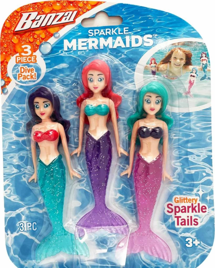 BANZAI 3-Piece Sparkling Mermaid Dive Toy Set with Glittery Tails for Kids Pool Fun