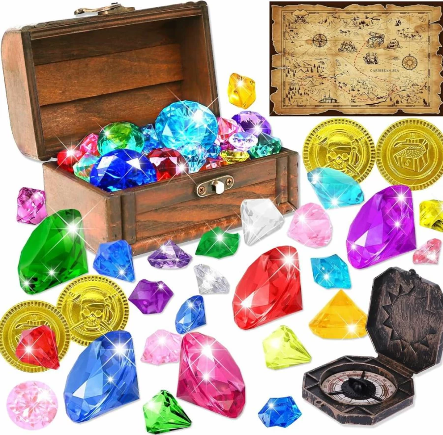 YUJUN Pirate Treasure Chest Toys Set - 24pcs Colorful Acrylic Gemstones, Gold Coins & Underwater Swimming Toys for Kids Pool Party, Birthday Party Favors, Summer Water Play Diving Game Accessories