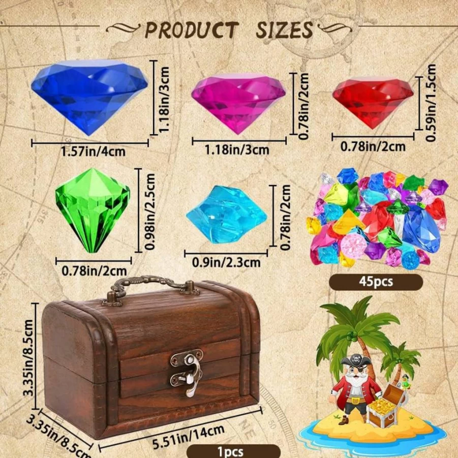 YUJUN Pirate Treasure Chest Toys Set - 24pcs Colorful Acrylic Gemstones, Gold Coins & Underwater Swimming Toys for Kids Pool Party, Birthday Party Favors, Summer Water Play Diving Game Accessories
