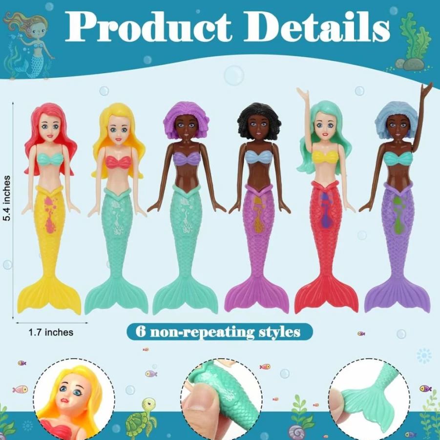 HEYTIMI 10 Pack Mermaid Dive Toys for Kids - Colorful Sinking Pool Toys for Girls Ages 3-12, Fun Bath & Swimming Games for Summer, Non-Repeating Styles Underwater Play Set