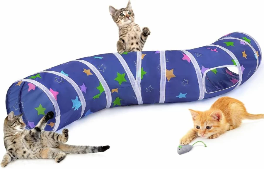 Glittme Foldable S-Shape Cat Tunnel with Toys – Indoor Play Cave for Cats, Kittens, Rabbits, Puppies & Small Pets