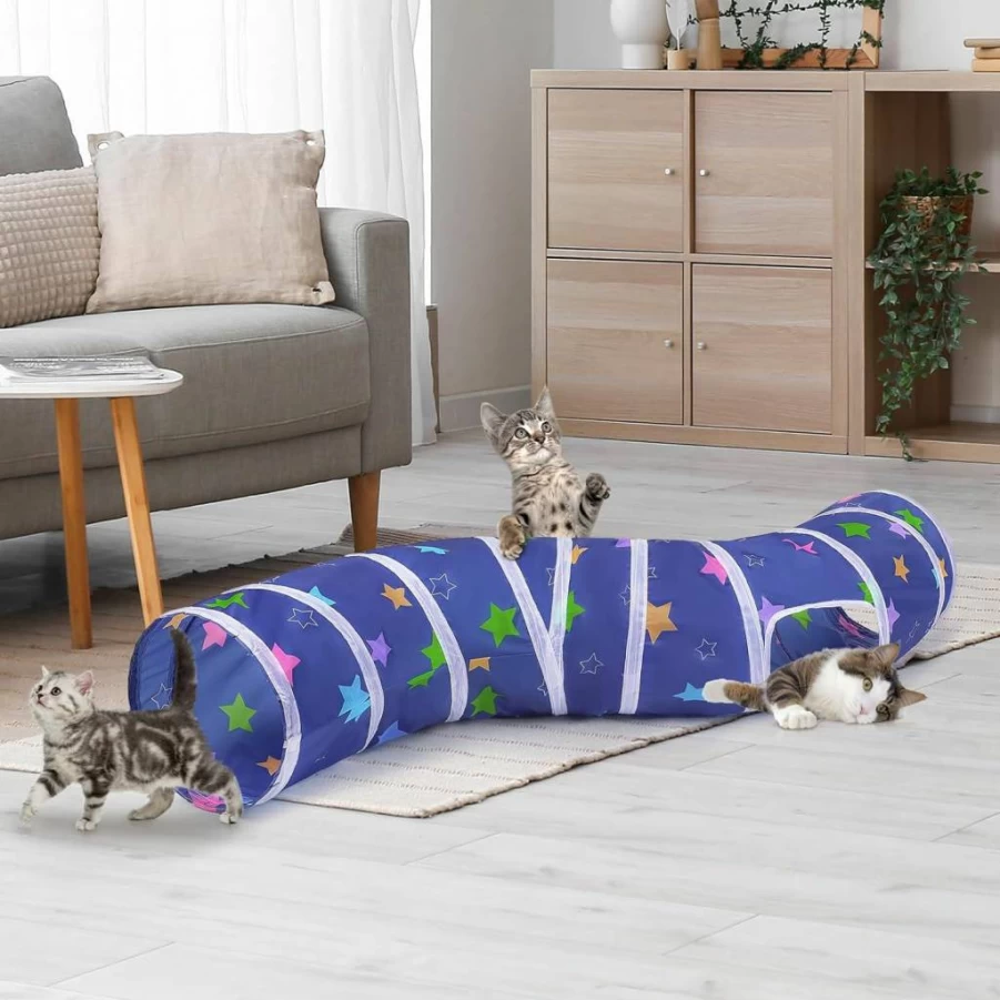 Glittme Foldable S-Shape Cat Tunnel with Toys – Indoor Play Cave for Cats, Kittens, Rabbits, Puppies & Small Pets