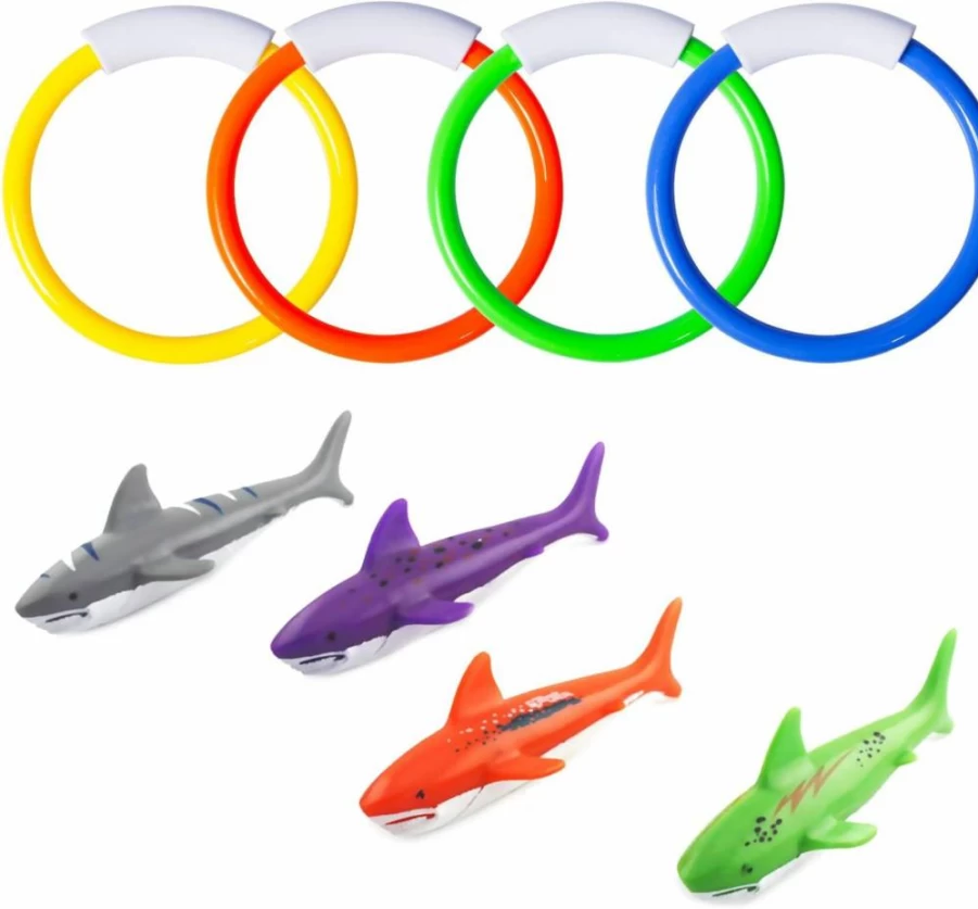 FULLSEXY Pool Diving Toys for Kids Ages 4-8 - 8 Pack Underwater Swimming Training Set with Diving Rings & Sharks for Learning to Swim