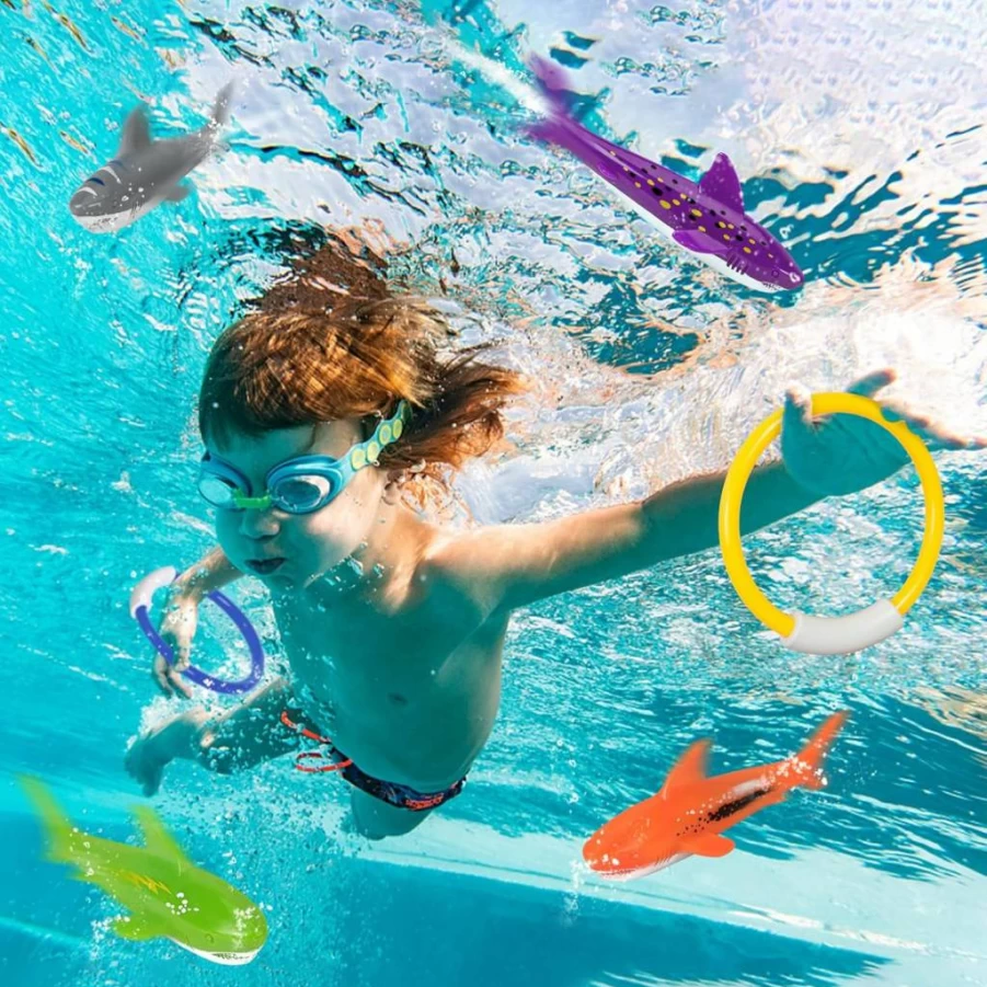 FULLSEXY Pool Diving Toys for Kids Ages 4-8 - 8 Pack Underwater Swimming Training Set with Diving Rings & Sharks for Learning to Swim