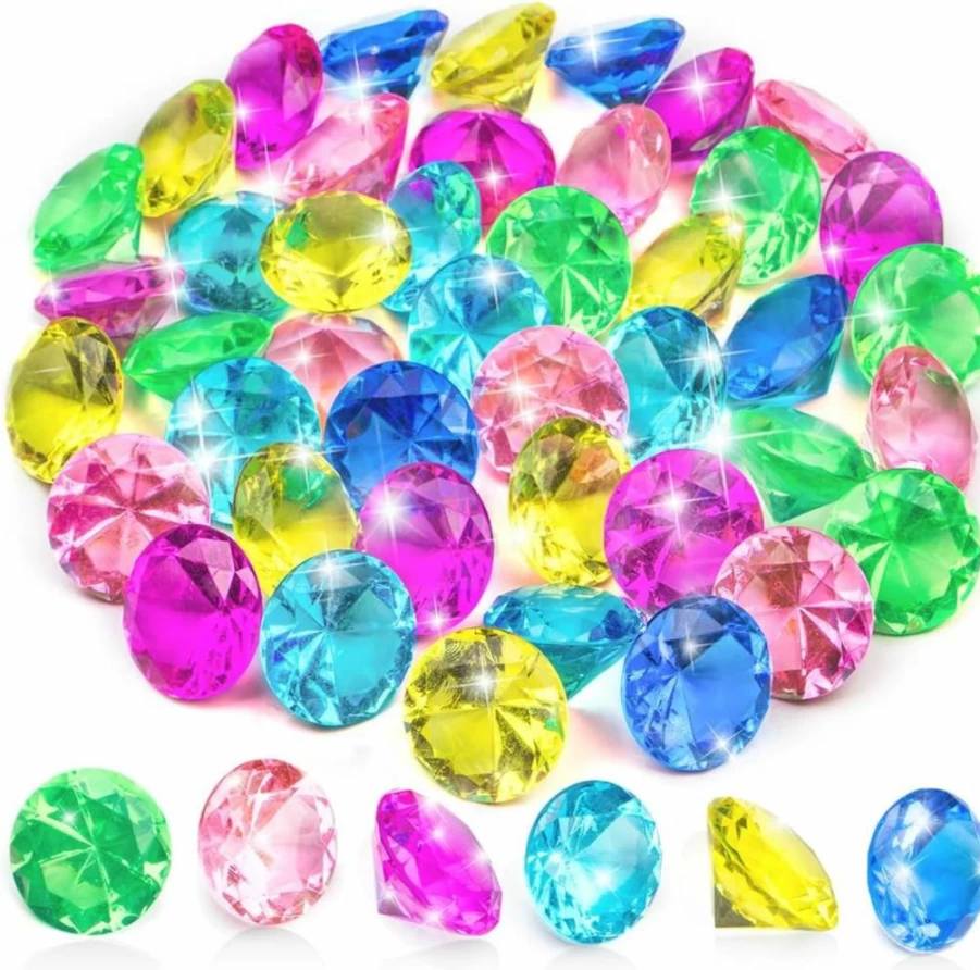Prehalpty 70Pcs Mermaid Pirate Treasure Pool Toys - 30mm Acrylic Diving Gems for Kids, Swimming Party Favors & Sensory Bin Fillers