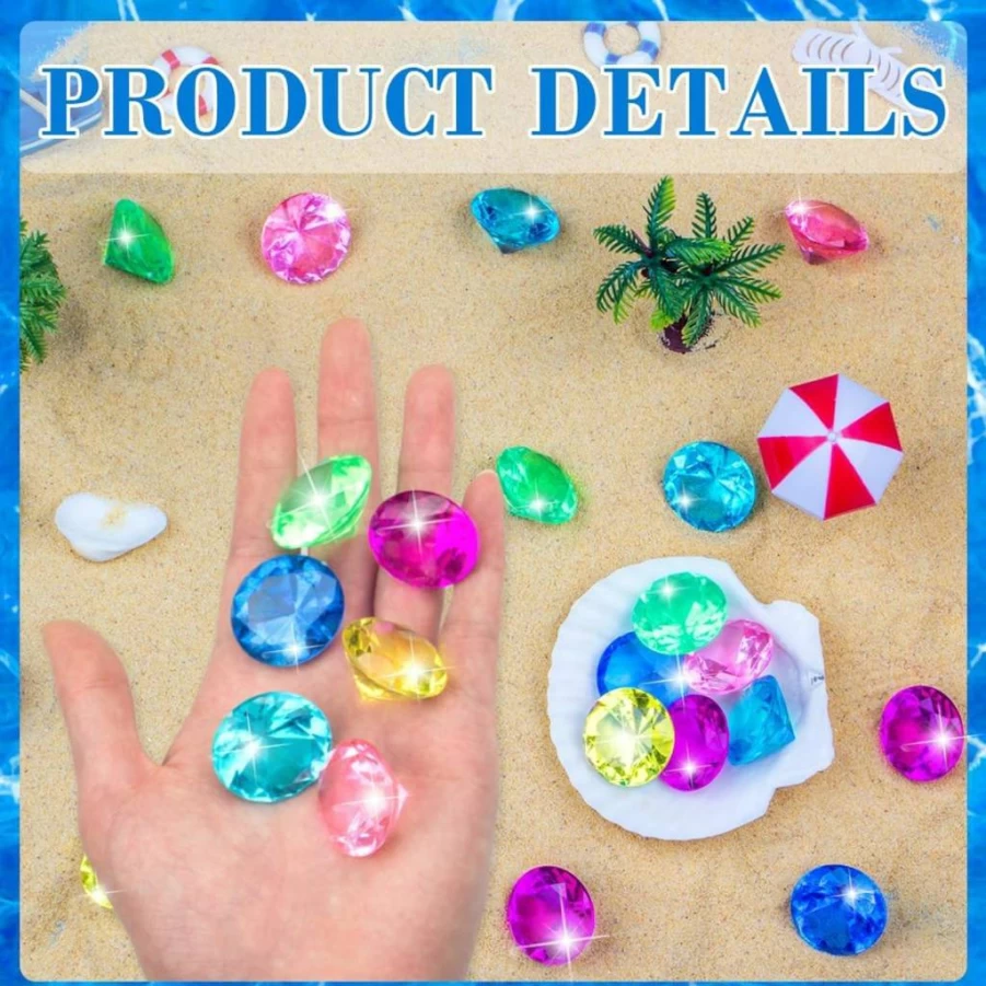 Prehalpty 70Pcs Mermaid Pirate Treasure Pool Toys - 30mm Acrylic Diving Gems for Kids, Swimming Party Favors & Sensory Bin Fillers