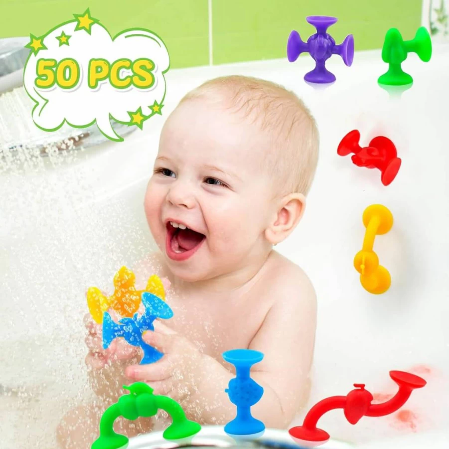 Funny Old Man 50 Pcs Silicone Fruit Sucker Toys for Kids Ages 3-6, Bath & Stress Relief Toys with Storage Bag, Safe BPA-Free Toddler Sensory Play Set
