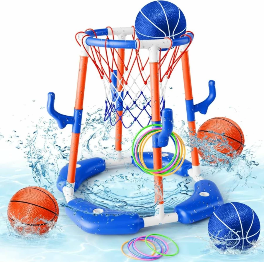 AIGIMU 2-in-1 Floating Pool Basketball Hoop Set with 4 Balls & Pump - Outdoor/Indoor Water Basketball Game for Kids and Adults