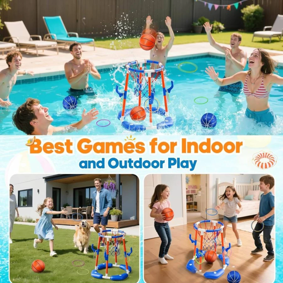 AIGIMU 2-in-1 Floating Pool Basketball Hoop Set with 4 Balls & Pump - Outdoor/Indoor Water Basketball Game for Kids and Adults