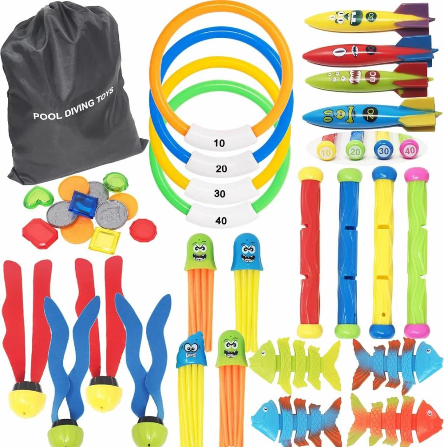 Kiddokids 36 Pcs Deluxe Pool Toys Set for Kids - Diving Sticks, Rings, Toypedo Bandits, Pirate Treasures, Stringy Octopus & Fish Toys, Swimming Training Games, Easter Basket Stuffer