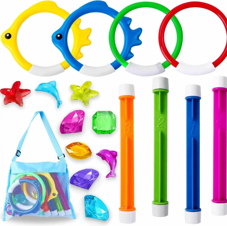 YUJUN 31-Piece Pool Diving Toys Set with Swim Rings, Dive Sticks, Floating Fishes, Gems & Storage Bag for Kids Adults - Summer Water Games & Swimming Party Favors