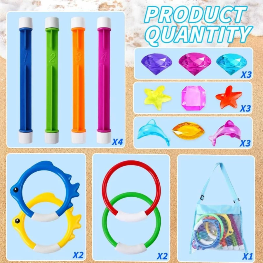 YUJUN 31-Piece Pool Diving Toys Set with Swim Rings, Dive Sticks, Floating Fishes, Gems & Storage Bag for Kids Adults - Summer Water Games & Swimming Party Favors