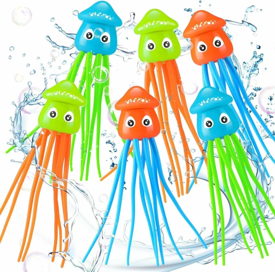 Leitee 6-Pack Octopus Bath Toys for Kids, Sensory Stress Relief Pool Diving Toys, Cute Squid Water Play Set for Bathtub & Summer Pool Fun, 3 Styles, Ideal Goodie Bag Fillers