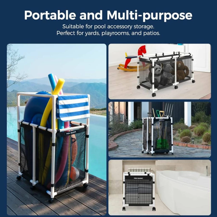 POOL FELLOWS 105 Gallon Mesh Storage Bin – Organizer for Pool Noodles, Toys, Floats & Swimming Equipment, Pro Style Pool Gear Holder