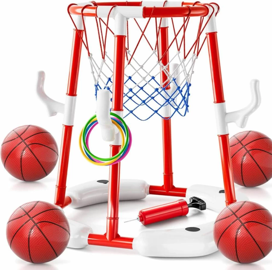 WATUDOU 2-in-1 Pool Basketball Hoop & Ring Toss Game Set with 4 Balls, 12 Rings & Pump - Outdoor Water Toys for Kids Ages 4-12 and Adults - Summer Swimming Pool Party Games for Family Fun