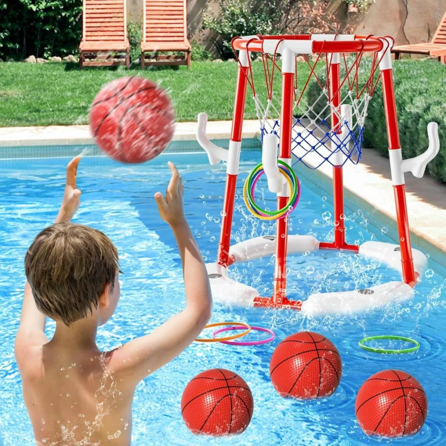 WATUDOU 2-in-1 Pool Basketball Hoop & Ring Toss Game Set with 4 Balls, 12 Rings & Pump - Outdoor Water Toys for Kids Ages 4-12 and Adults - Summer Swimming Pool Party Games for Family Fun