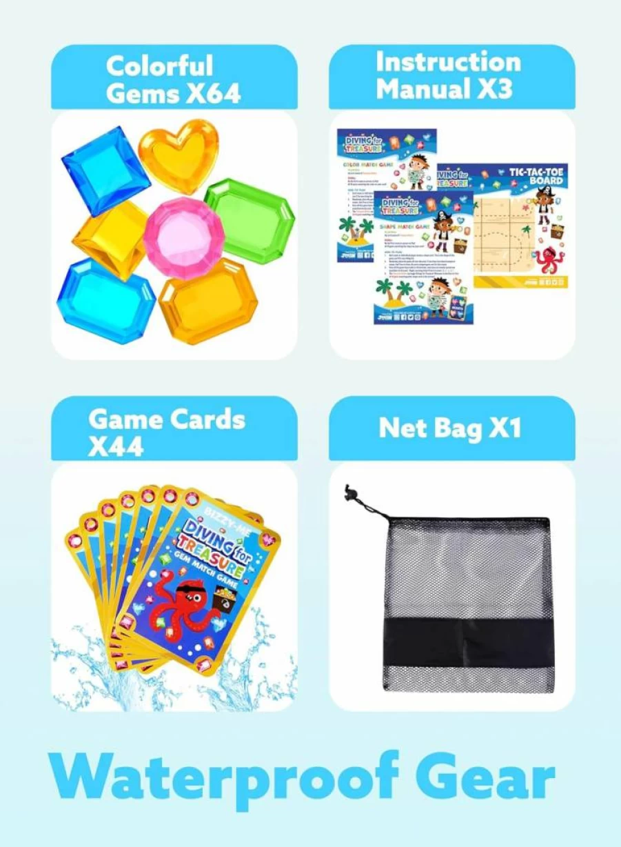 JOYIN 4-in-1 Underwater Treasure Hunt Game Set for Kids with Mesh Bag, Waterproof Pool Diving Toys, Summer Swim & Dive Search Activity for Outdoor Water Play