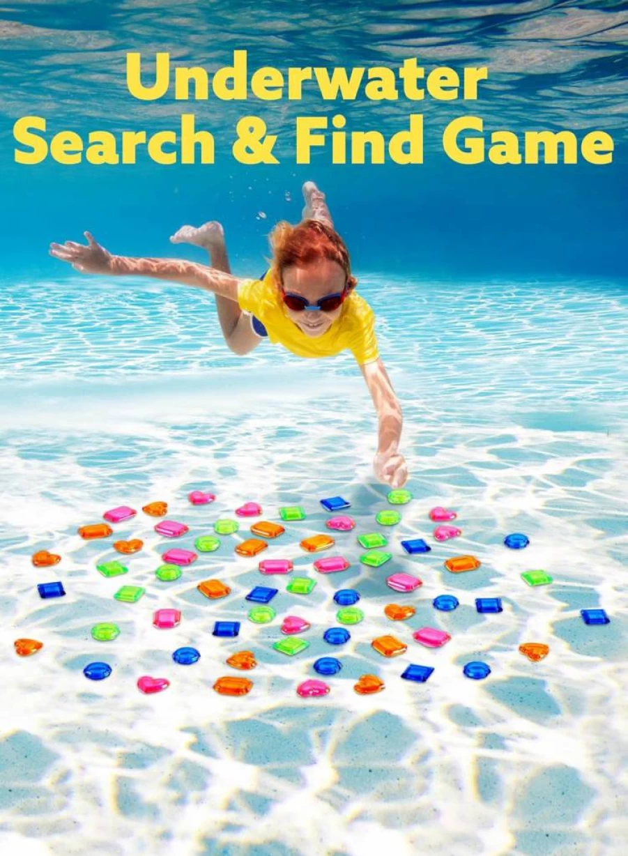 JOYIN 4-in-1 Underwater Treasure Hunt Game Set for Kids with Mesh Bag, Waterproof Pool Diving Toys, Summer Swim & Dive Search Activity for Outdoor Water Play