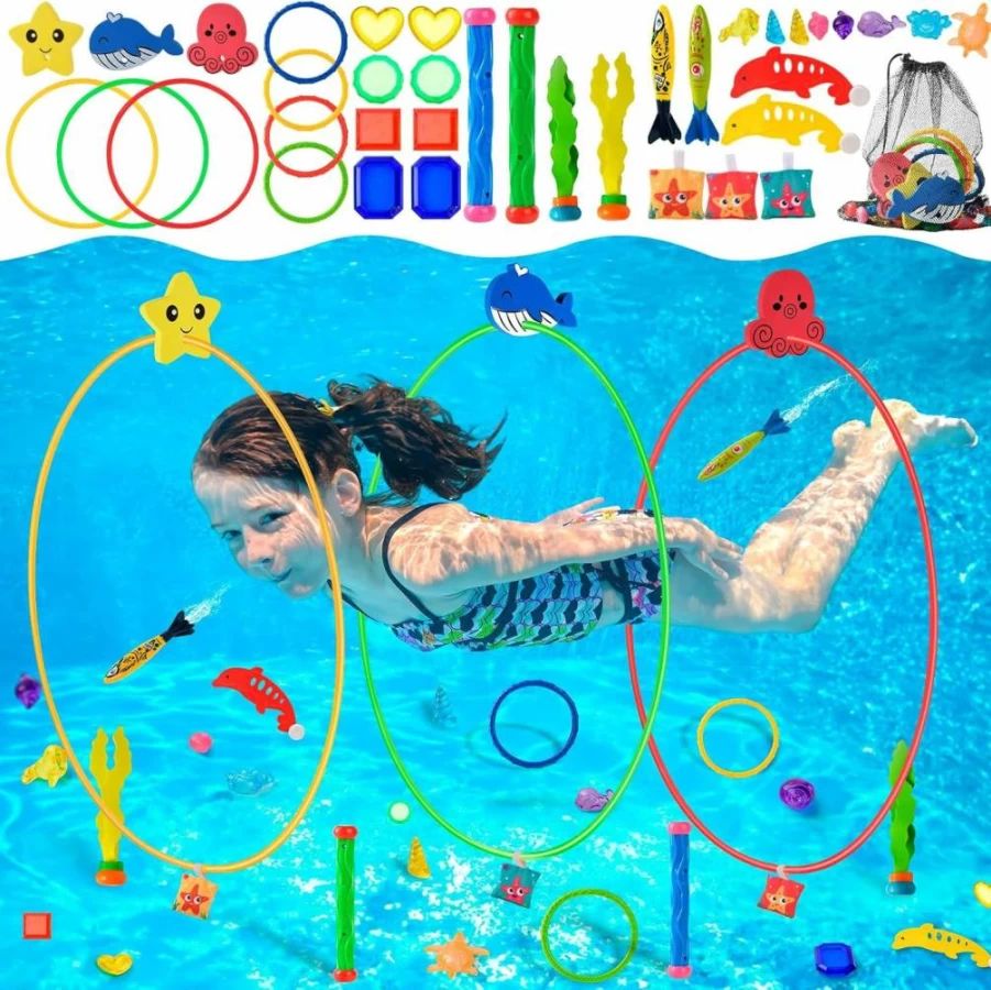 Anytin 38Pcs Pool Diving Toys Set for Kids Ages 4-12 - Includes Diving Rings, Gems, Sticks, Torpedo & Mesh Storage Bag for Swimming Games