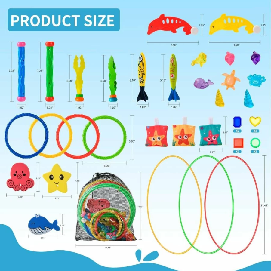 Anytin 38Pcs Pool Diving Toys Set for Kids Ages 4-12 - Includes Diving Rings, Gems, Sticks, Torpedo & Mesh Storage Bag for Swimming Games