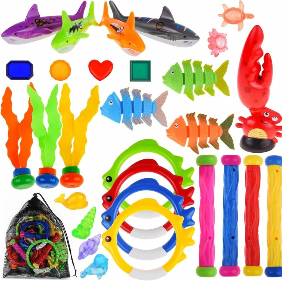GAPER GO 30-Piece Pool Diving Toys Set for Kids - Swim Thru Rings, Dive Sticks, Diving Gems, Octopus & Torpedo Swimming Pool Games