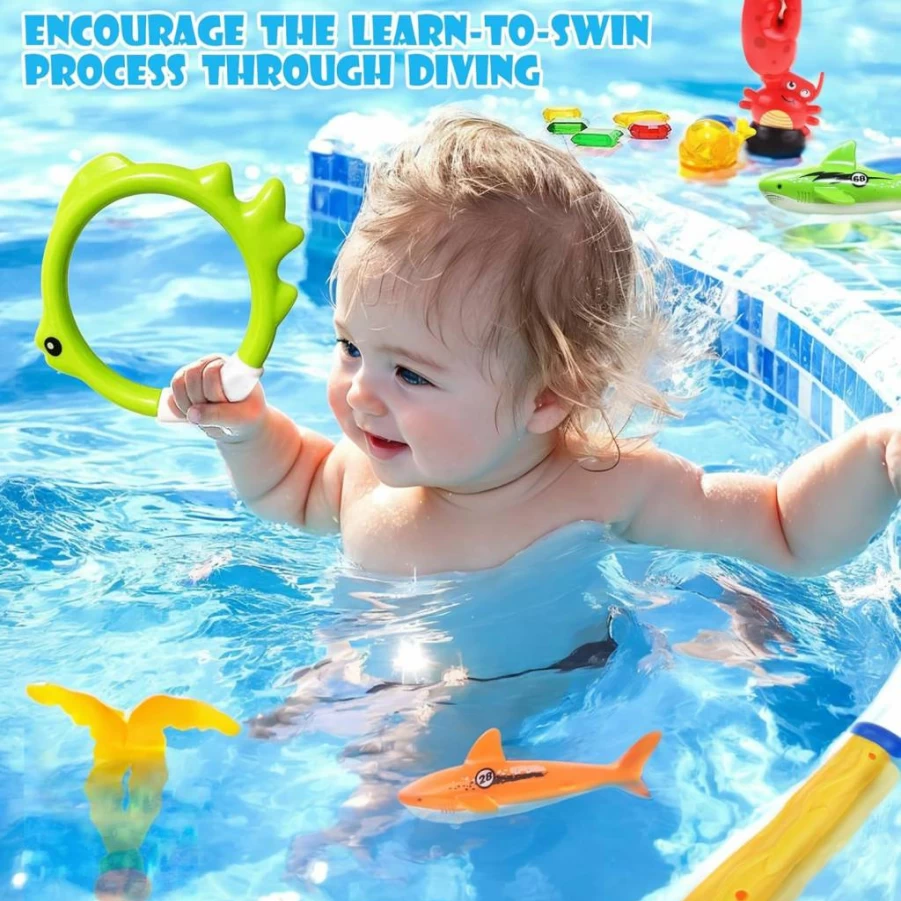 GAPER GO 30-Piece Pool Diving Toys Set for Kids - Swim Thru Rings, Dive Sticks, Diving Gems, Octopus & Torpedo Swimming Pool Games