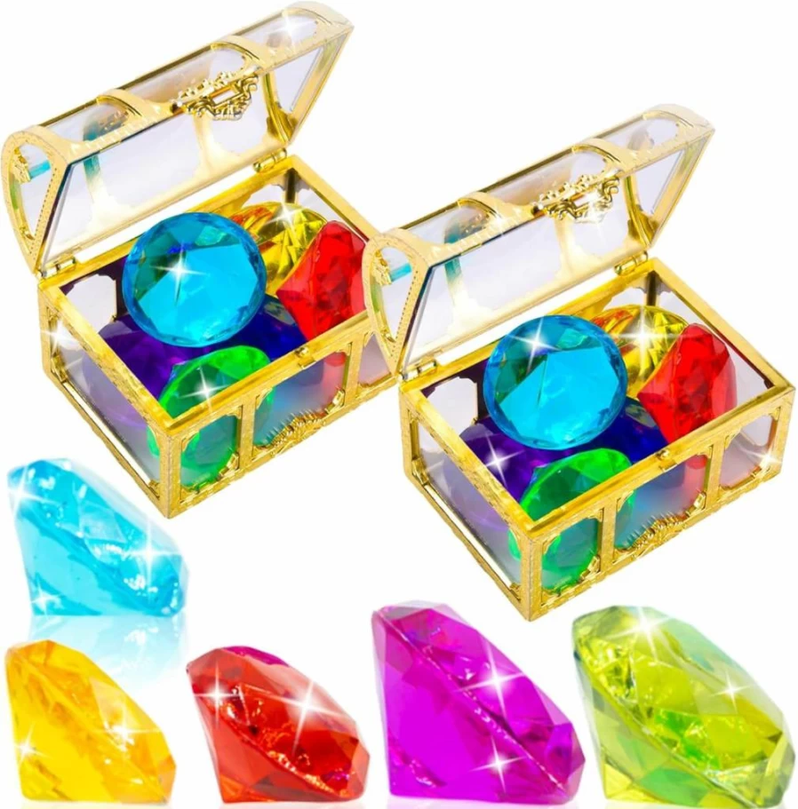 Hercugifts 6-Piece Colorful Diving Gem Set with Treasure Pirate Box - Underwater Pool Toys for Kids, Summer Swimming Dive Game, Party Treasure Hunt Gift (Golden)