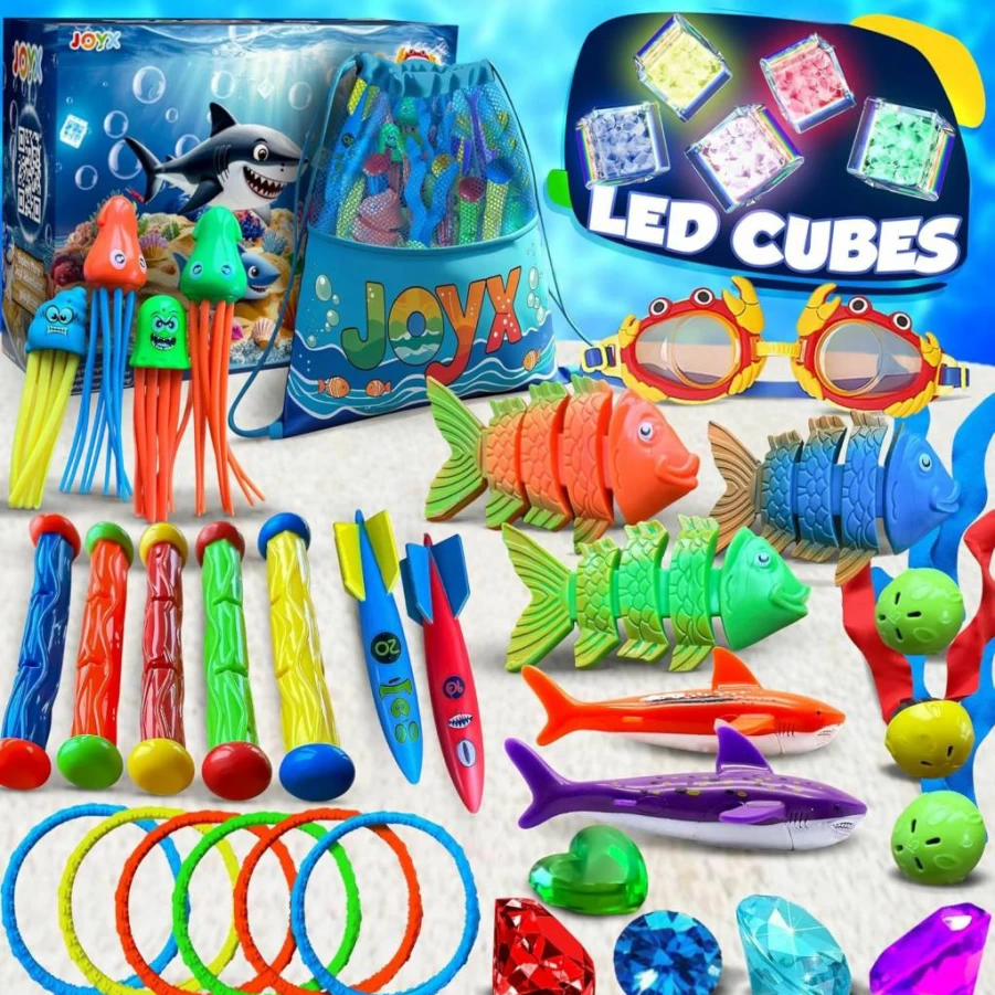 JoyX 35-Piece Kids Swimming Pool Toys Set with LED Light Cubes, Goggles, Dive Rings & Storage Bag for Ages 4-12 - Swim & Dive Training Game Kit for Summer Water Fun