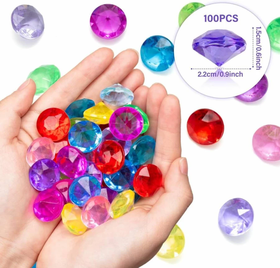 QEQEKAKA 20Pcs Large Acrylic Diving Gems for Kids - 4cm Pirate Treasure Pool Toys, Sensory Bin & Vase Filler, Colorful Plastic Diamonds for Water Play