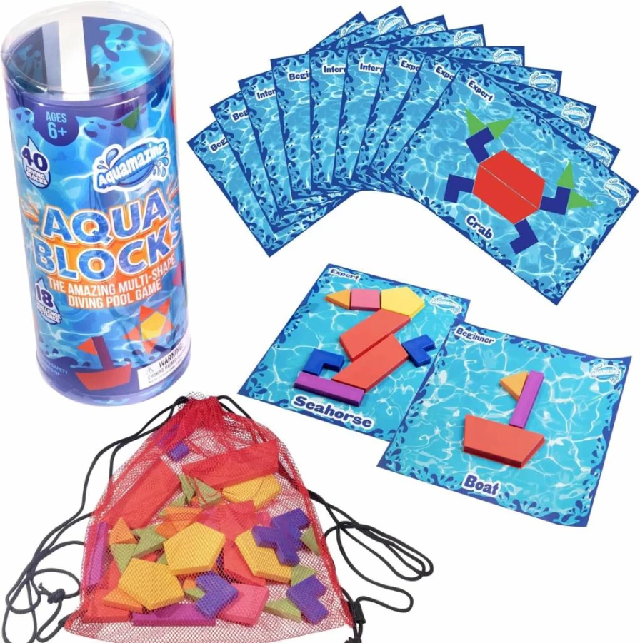 SCS Direct Aqua Blocks Pool Diving Game - 40 Sinking Toys, 18 Challenge Cards, Mesh Bag - Kids Swimming Activity for Summer, 4th of July, BBQ Party - Outdoor Water Fun