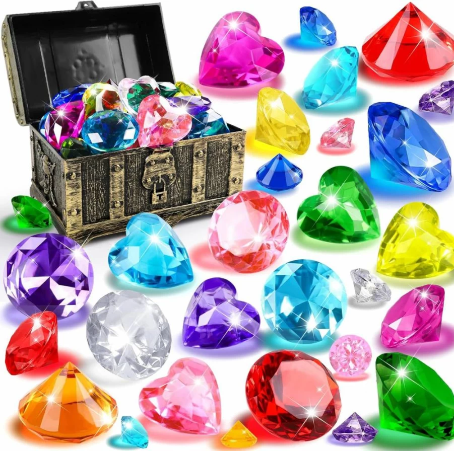 Vellibring 32-Piece Colorful Diving Gem Set with Treasure Chest - Underwater Pool Toys for Kids - Pirate Themed Swimming Training & Summer Water Play Accessories