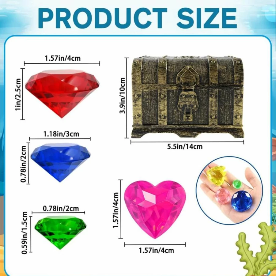 Vellibring 32-Piece Colorful Diving Gem Set with Treasure Chest - Underwater Pool Toys for Kids - Pirate Themed Swimming Training & Summer Water Play Accessories