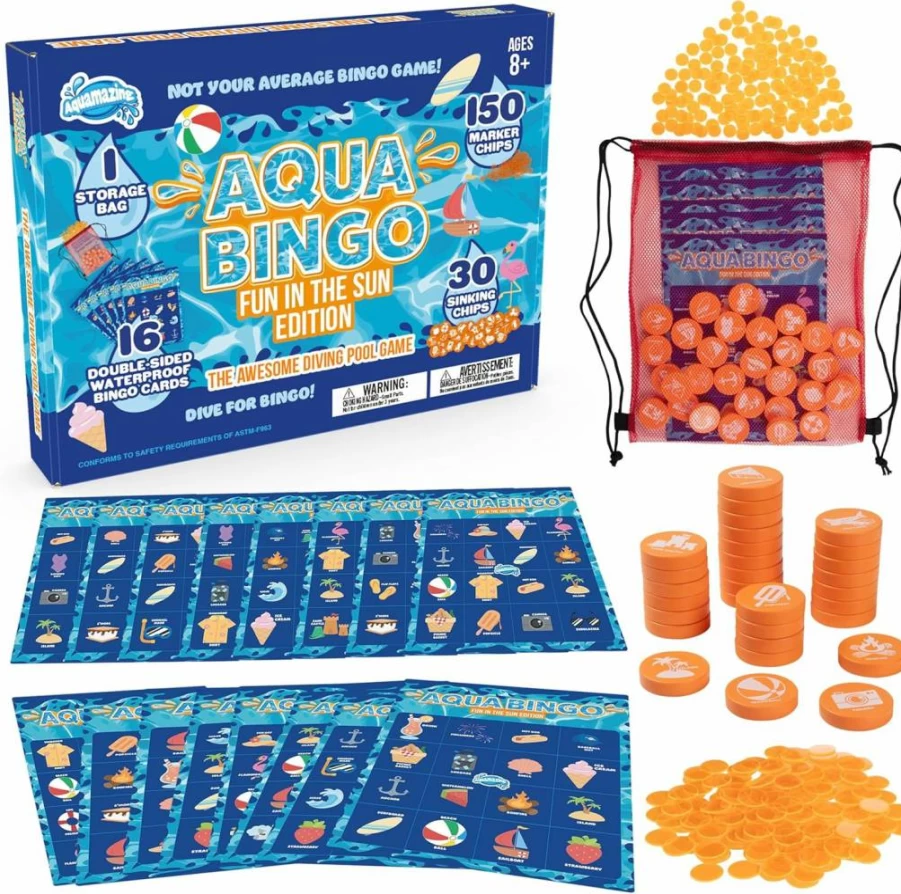 SCS Direct Pool Bingo Diving Game for Kids - 30 Sinking Tropical Number Tiles, 16 Waterproof Double-Sided Cards & 150 Markers - Summer Pool Party Toys with Storage Bag for Outdoor Water Play