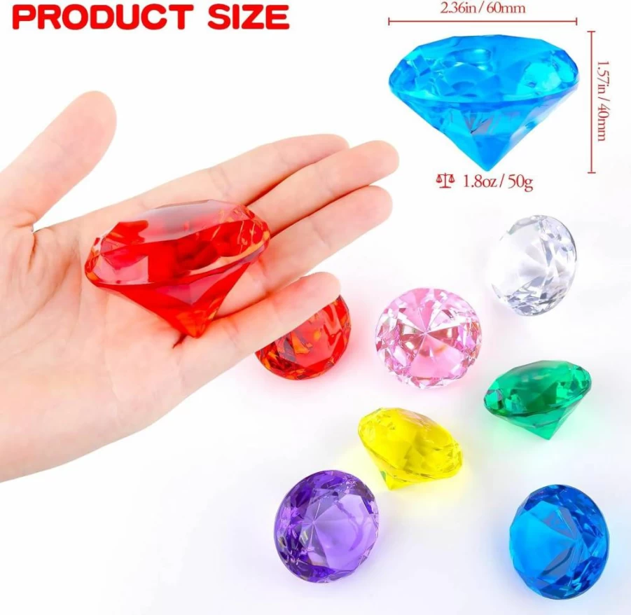 Niceup 60mm Giant Acrylic Pool Gems - 7Pcs Multicolor Diving Toys for Kids, Princess Party Favors, Summer Swimming Pool Accessories (Red, Blue, Purple, Green, Yellow, Pink)