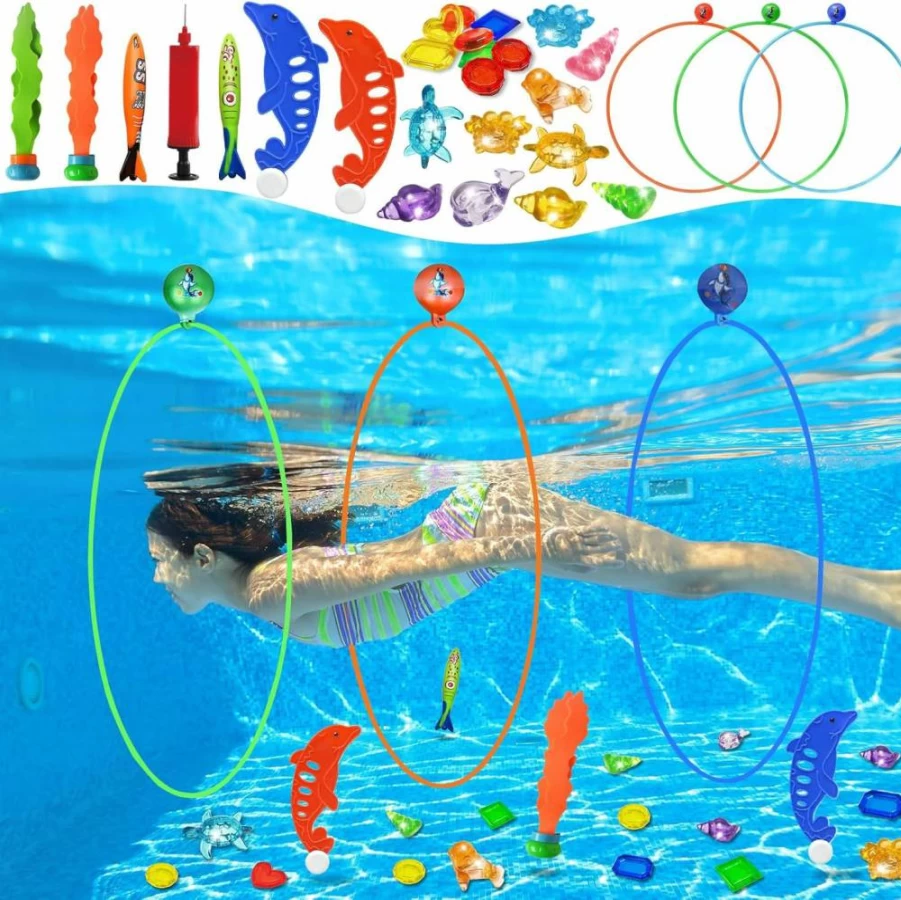 Jasonwell 28Pcs Pool Diving Rings Set with Underwater Treasures, Torpedo Bandits & Fish Toys for Kids, Teens, Adults - Fun Swim Thru Water Games for Boys & Girls