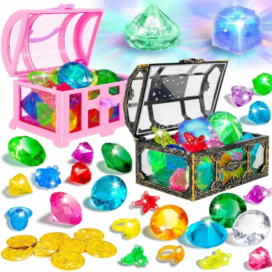 ERHAICAT 35Pcs Diving Gems Pool Toys Set with Treasure Chest, 2 Light-Up Flashing Gems, Underwater Swim Dive Toys for Kids Toddlers, Colorful Diamond Swimming Training Pool Game