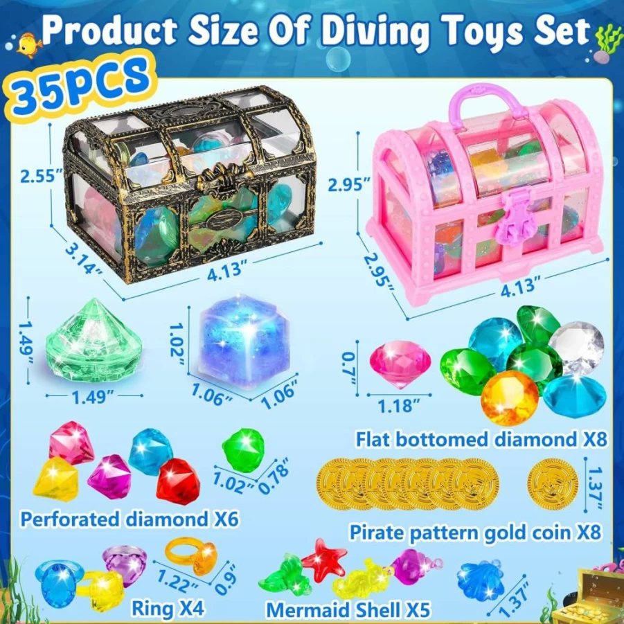 ERHAICAT 35Pcs Diving Gems Pool Toys Set with Treasure Chest, 2 Light-Up Flashing Gems, Underwater Swim Dive Toys for Kids Toddlers, Colorful Diamond Swimming Training Pool Game