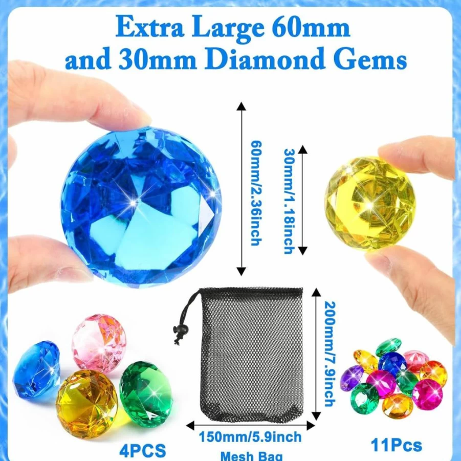 MARFOREVER 15Pcs Pirate Treasure Diving Gems Set - 4Pcs 60mm Large Diamonds & 11Pcs 30mm Colorful Acrylic Gems for Underwater Swimming, Birthday Party Favors, Summer Pool Toys