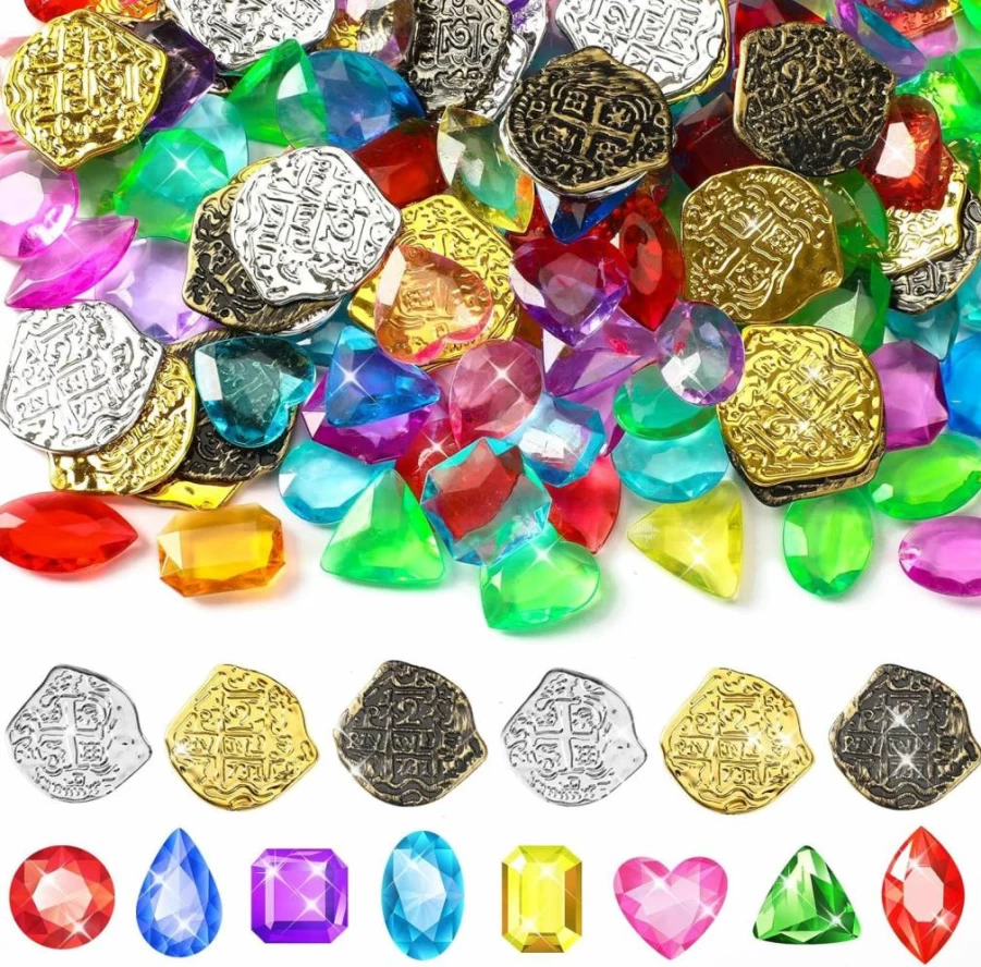 MARFOREVER 180 Pcs Pirate Treasure Pool Toys Set - 120 Gems, 60 Gold Coins for Water Play, Beach Diving, Sand Party Favors for Kids Boys Girls Summer Fun