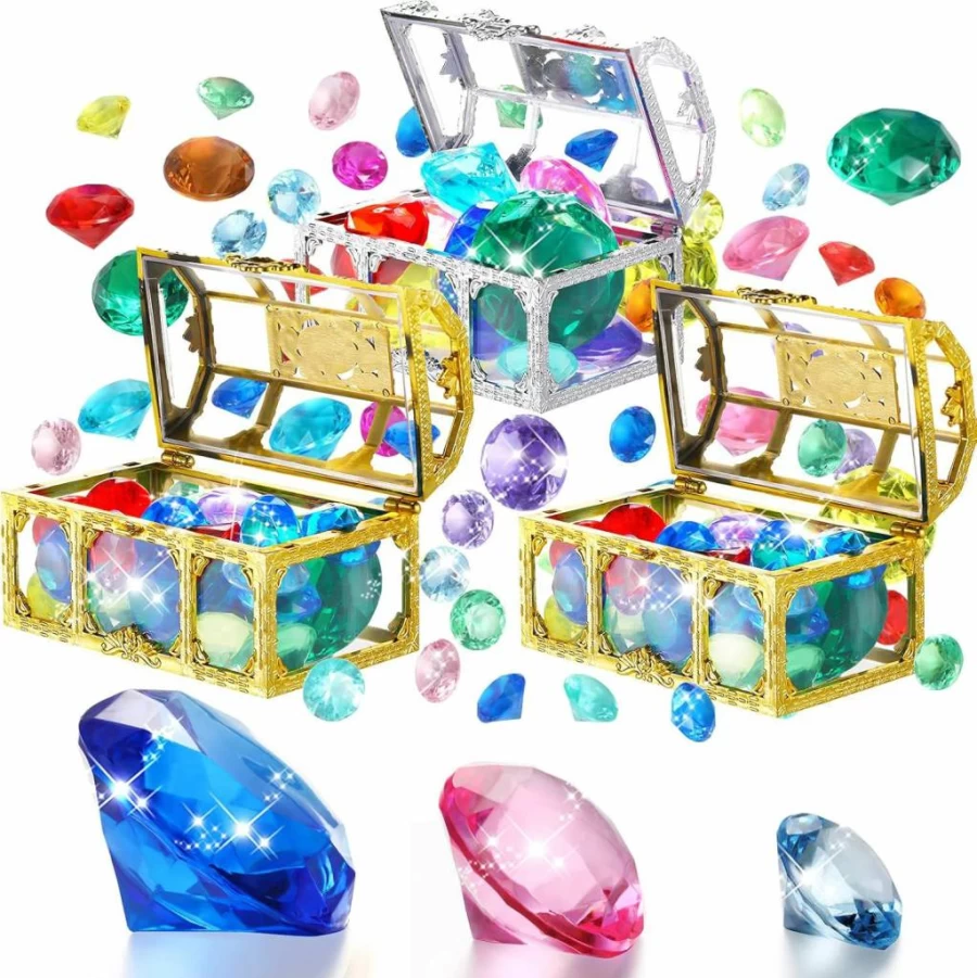 Sumind 60-Piece Diving Gem Pool Toys Set with Pirate Treasure Box, Sinking Pool Games for Kids, Colorful Underwater Dive Toys for Swimming Parties, Birthday Decorations & Summer Water Activities