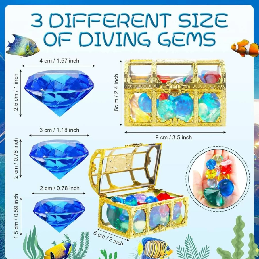 Sumind 60-Piece Diving Gem Pool Toys Set with Pirate Treasure Box, Sinking Pool Games for Kids, Colorful Underwater Dive Toys for Swimming Parties, Birthday Decorations & Summer Water Activities
